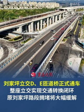 刘家坪立交D、E匝道桥正式通车，整座立交实现交通转换闭环。有效分流周边路网交通压力，大幅缓解原刘家坪路段早晚高峰的拥堵状况。