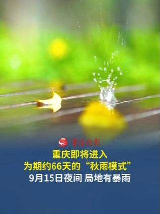 重庆即将进入秋雨期 重庆预计将于9月15日前后迎来秋雨期，11月中旬后期结束，为期约66天。9月15日前后雨量偏多，局地有暴雨。